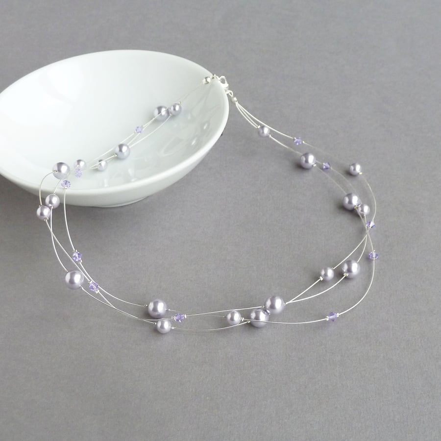 Lavender Floating Pearl Necklace - Lilac Bridesmaids Gifts - Wedding Jewellery