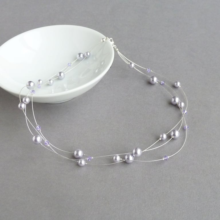 Lavender Floating Pearl Necklace - Lilac Bridesmaids Gifts - Wedding Jewellery