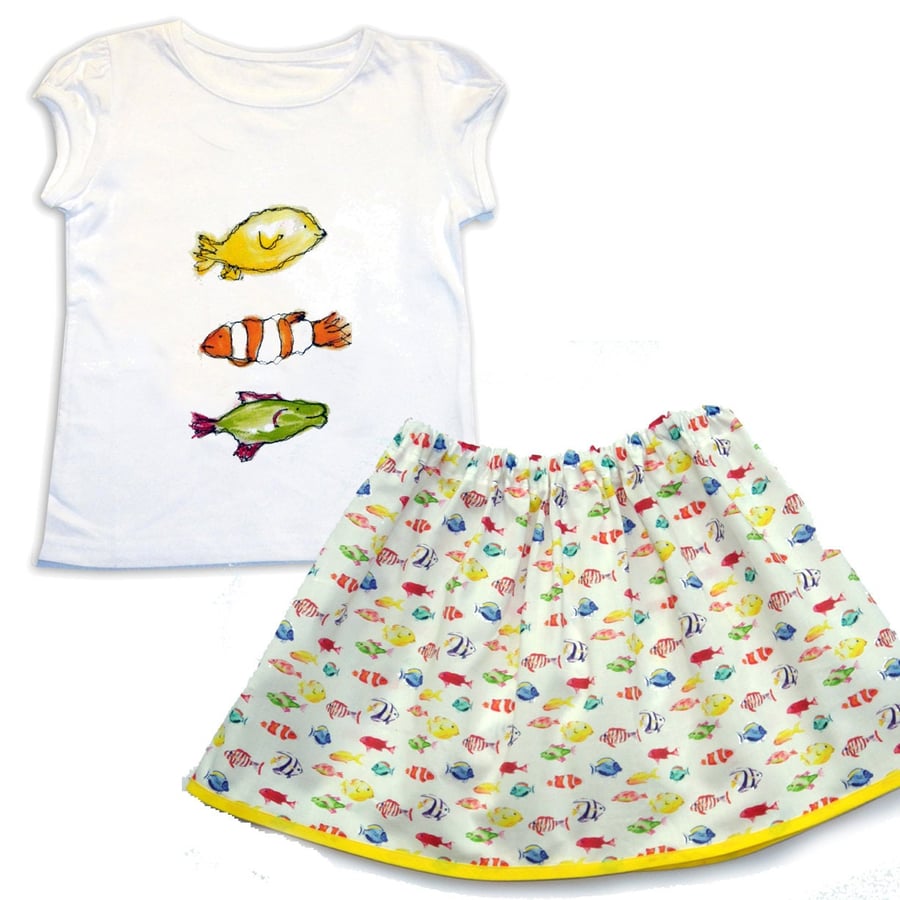 Girl's Fish Skirt and T-shirt Outfit, Fish Tee Shirt, Girls Outfit, Girls clothi