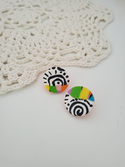 Handmade Happy Vibe Polymer Clay Earrings with Pearl - Playful Swirl  Circles