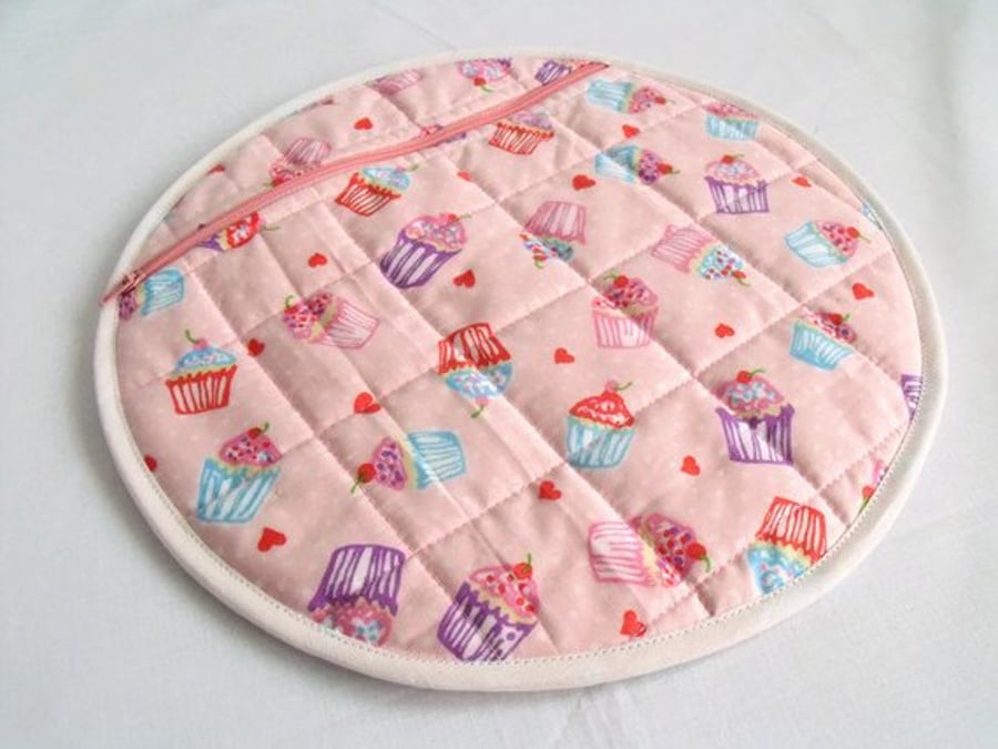 round quilted pyjama case, nightwear bag for your nighty, pink cake print fabric