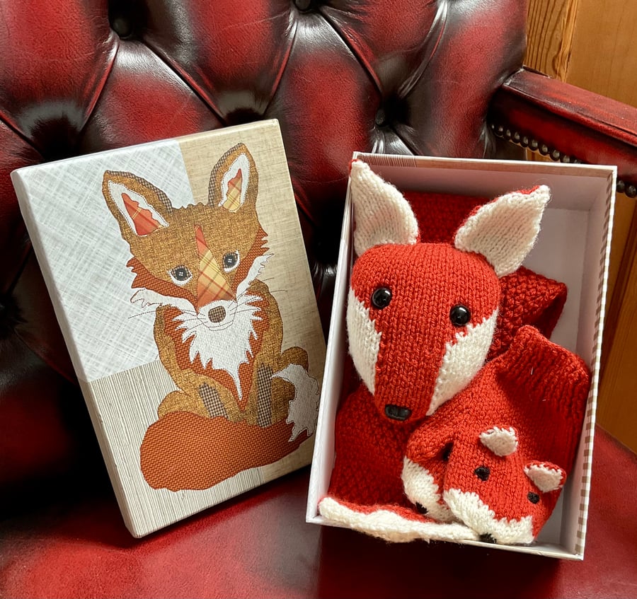 Child’s fox scarf and mittens set hand knitted