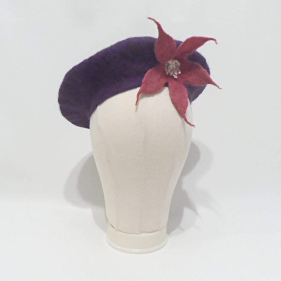 Purple hand felted beret style hat with flower decoration - SALE