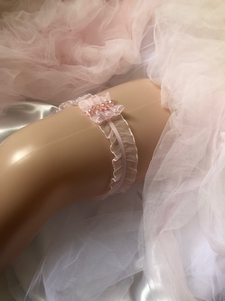 Pink Sheer Organza & Crystal  Garter - Many Sizes Available - Boho Wedding