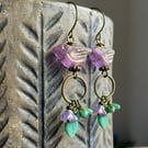 Nature Inspired Earrings with Czech Glass Birds & Flowers in Purple & Green