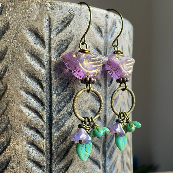 Nature Inspired Earrings with Czech Glass Birds & Flowers in Purple & Green