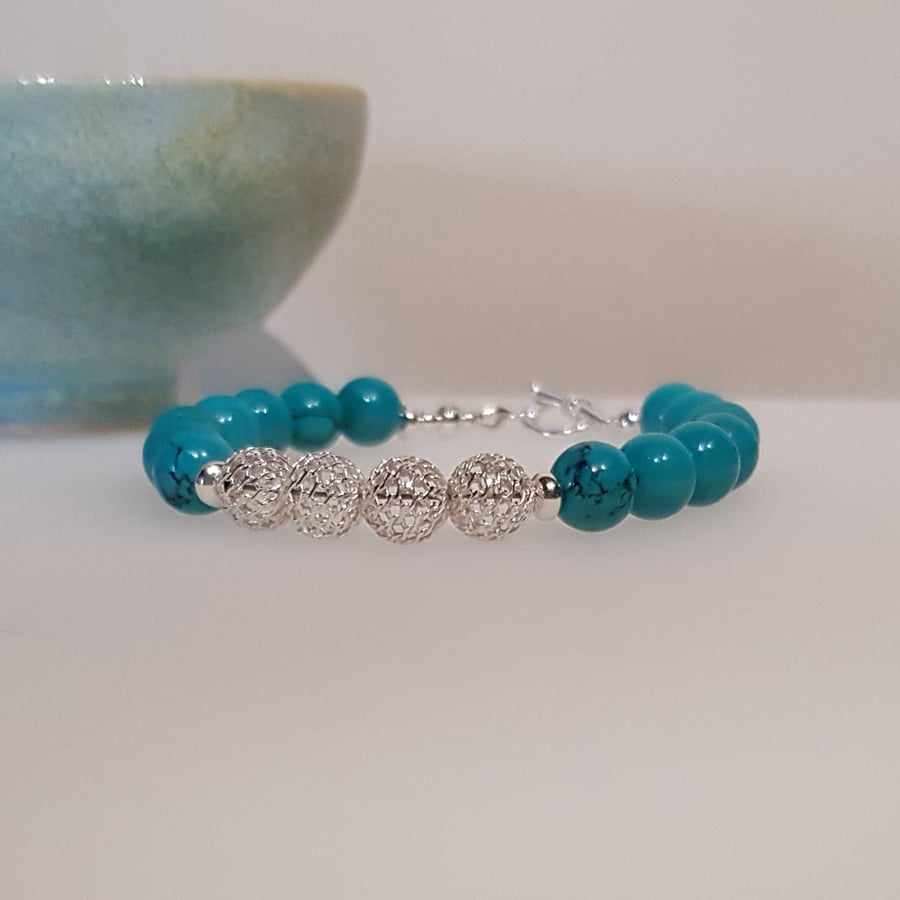Turquoise Bracelet with Sterling Silver Wired Beads