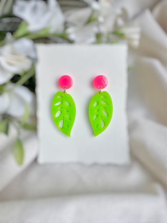 Neon Acrylic Monstera Leaf Statement Earrings - Hot Pink and Fluorescent Green T