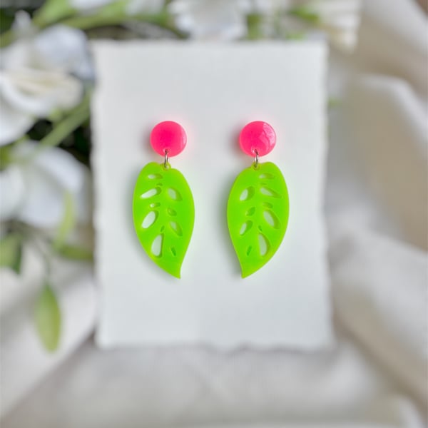 Neon Acrylic Monstera Leaf Statement Earrings - Hot Pink and Fluorescent Green T