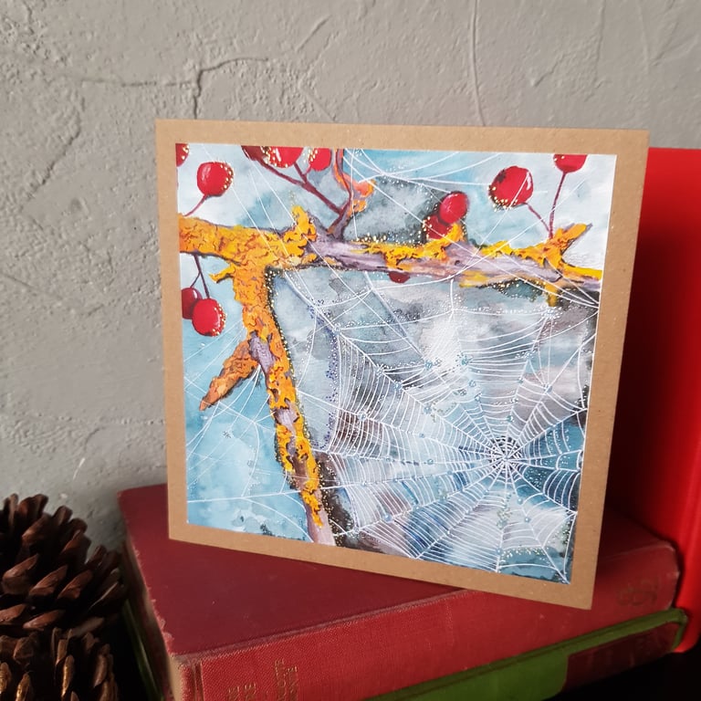 Hawthorn and Spider Webs in Winter - blank 6inch card 
