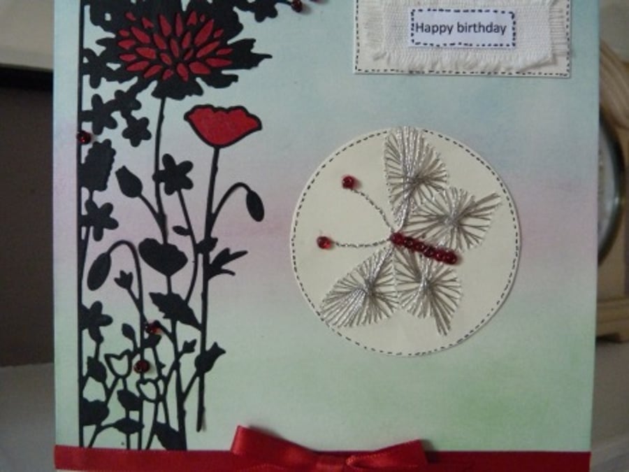 Stitched Butterfly Evening Garden Birthday Card