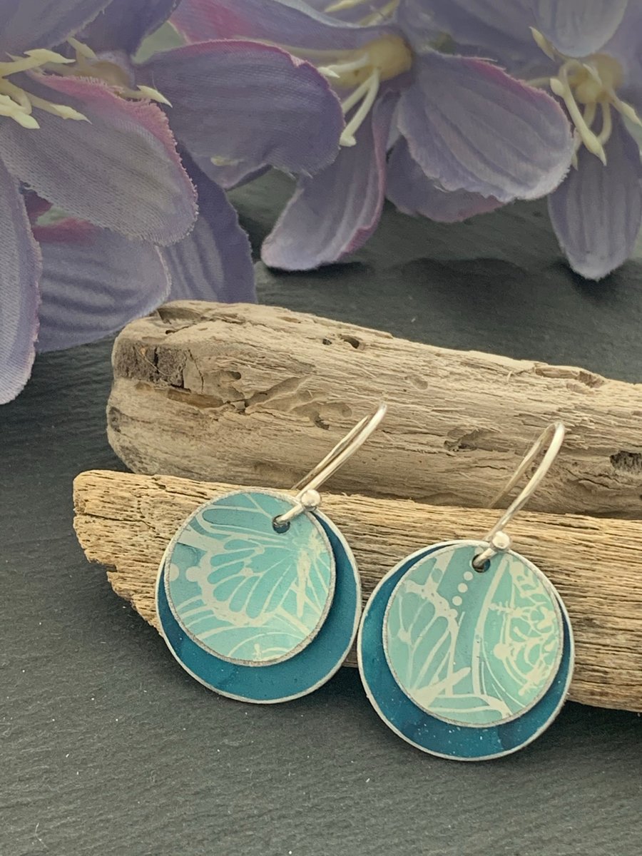 Water colour collection- hand painted aluminium earrings teal and sky blue