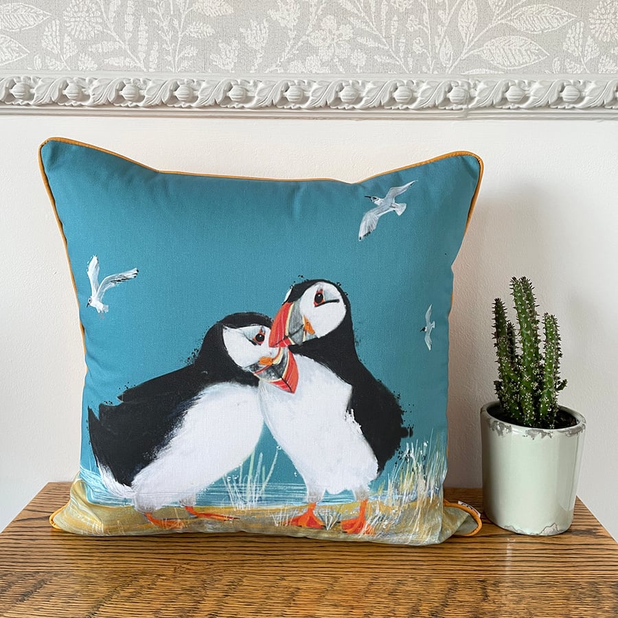 Handmade Cushion  puffin Coastal handmade cushion puffins