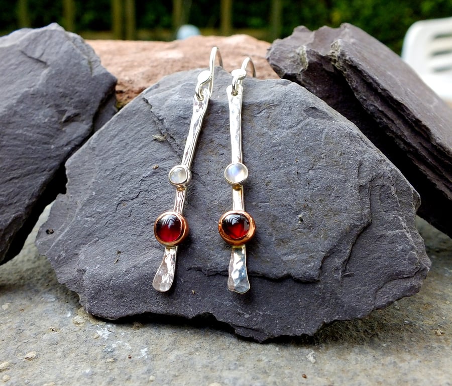 STERLING SILVER Drop garnet and moonstone earrings, Handmade Urban Design 
