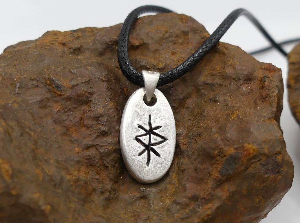 Recycled Sterling Silver Protection Bindrune Pendant Waxed Cotton Cord Necklace.