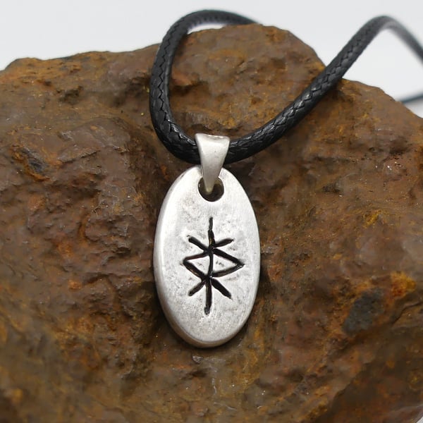 Recycled Sterling Silver Protection Bindrune Pendant Waxed Cotton Cord Necklace.