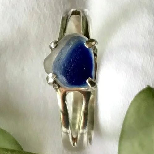 Rare Blue and White Seaham Multi Sea Glass Ring in Sterling Silver.
