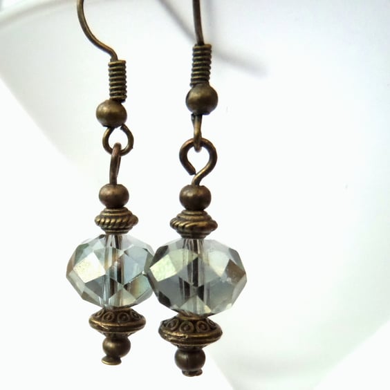 Vintage style earrings, with olive green crystal and bronze