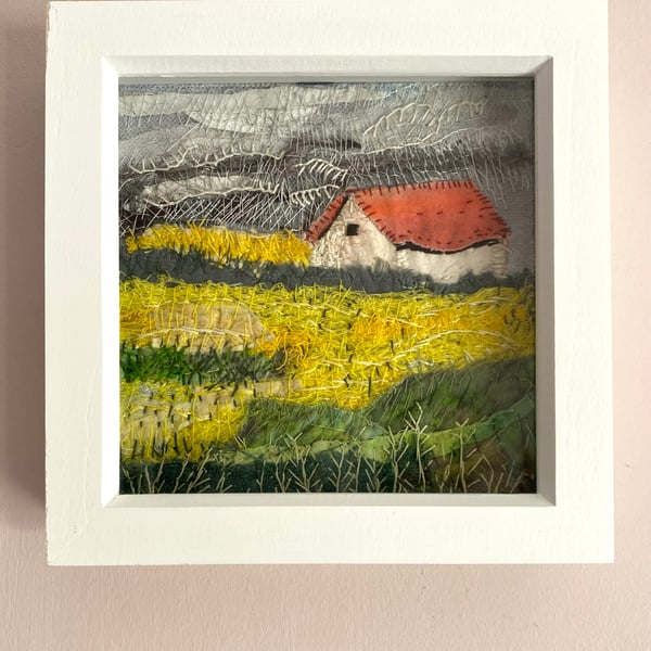 The cottage  across the fields-hand embroidered textile collage, on square canva