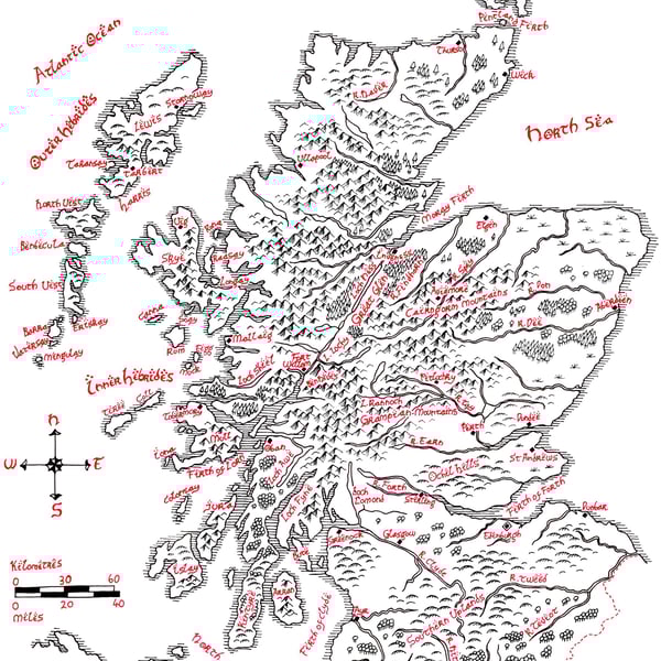 Map of Scotland Hand Drawn Tolkien Style Map Artwork