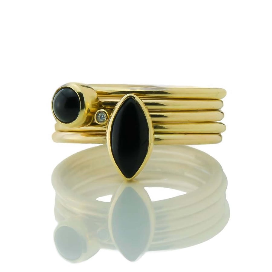 Onyx and Diamond Flower Seed Gold Stacking Ring
