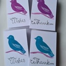 Multipack 4 stylised bird thank you and best wishes cards handprinted