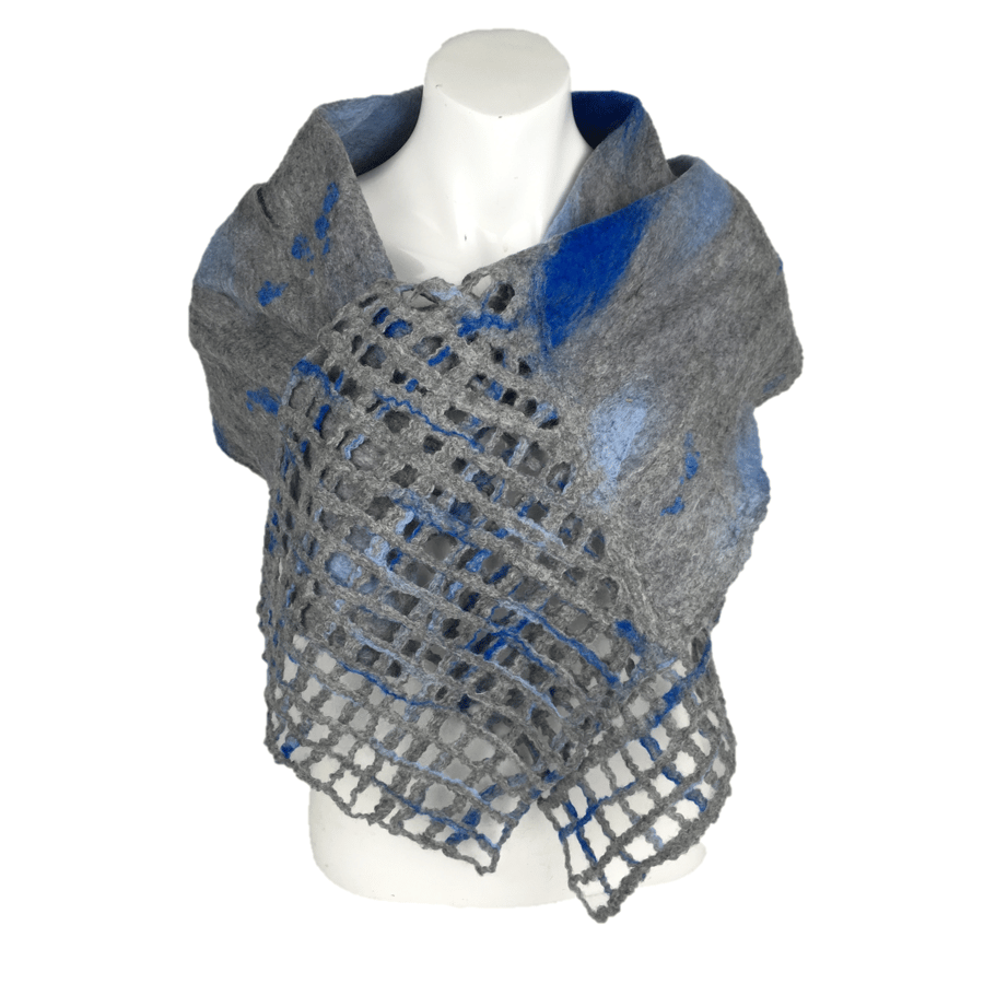 Grey and blue merino wool and silk nuno felted scarf with lattice detail - SALE