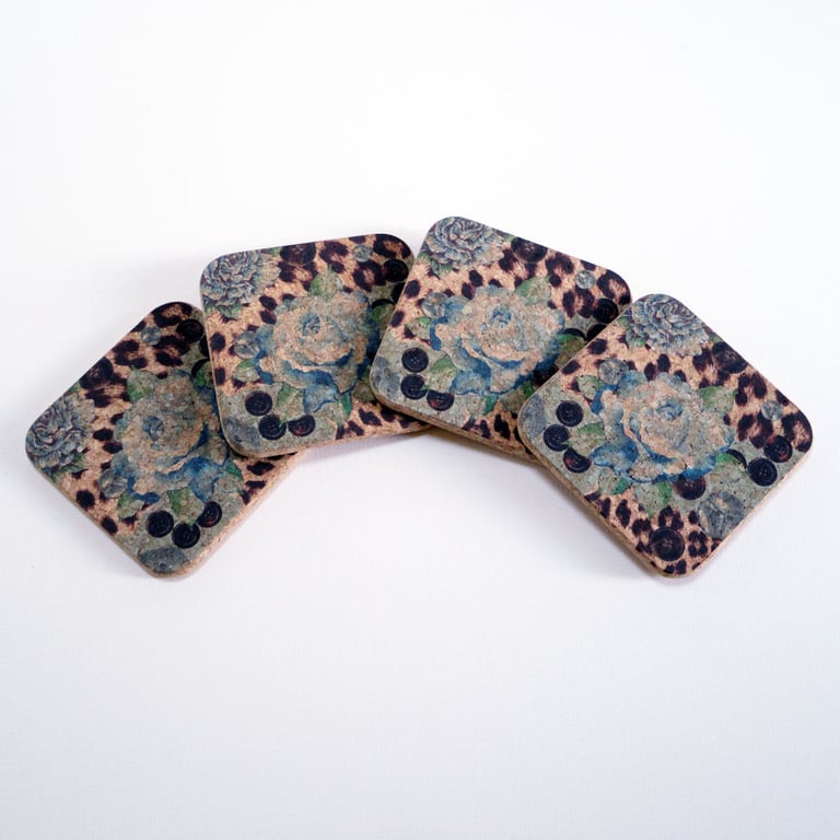  Cork Coasters Blue Rose & Skin Print - Set of Four