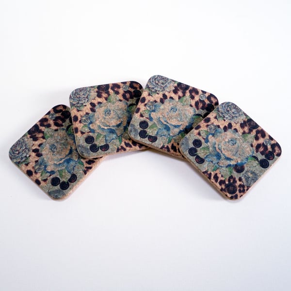  Cork Coasters Blue Rose & Skin Print - Set of Four