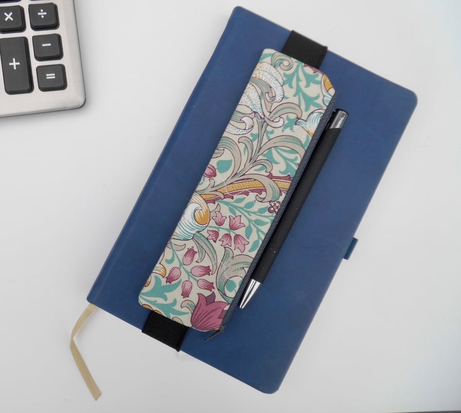 SOLD Pencil case for cover of book diary journal elasticated Golden Lily fabric