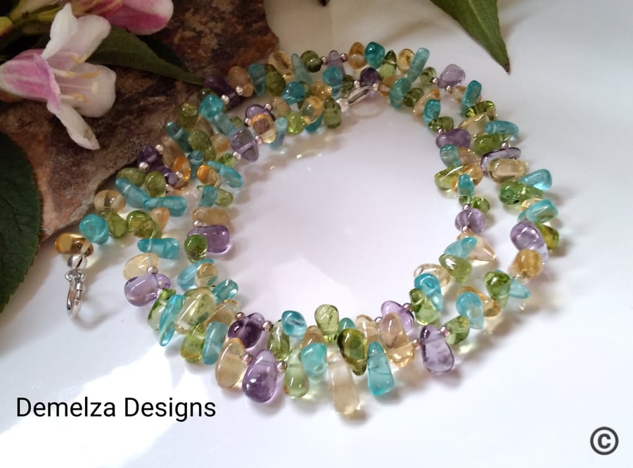 Gorgeous Peridot, Citrine, Amethyst & Apatite Sterling Silver Necklace