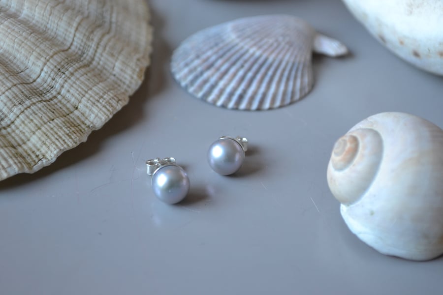 grey pearl stud earrings, silver, handmade, beach jewellery, mermaid jewellery, 