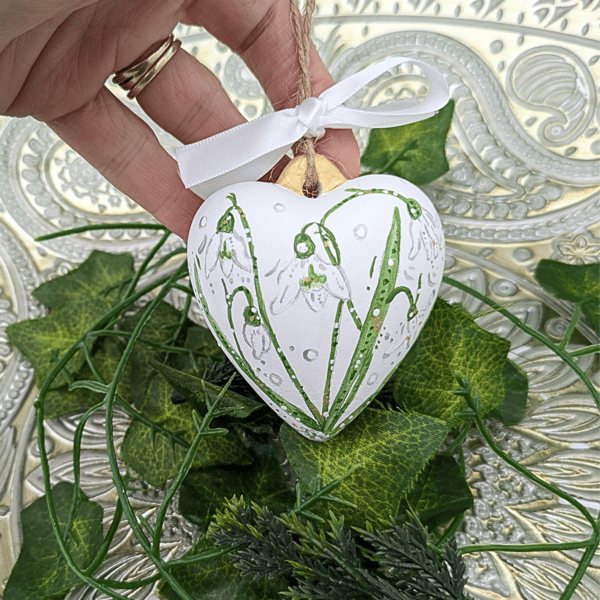 Snowdrop hand-painted Christmas bauble, Snowdrop ceramic heart ornament 