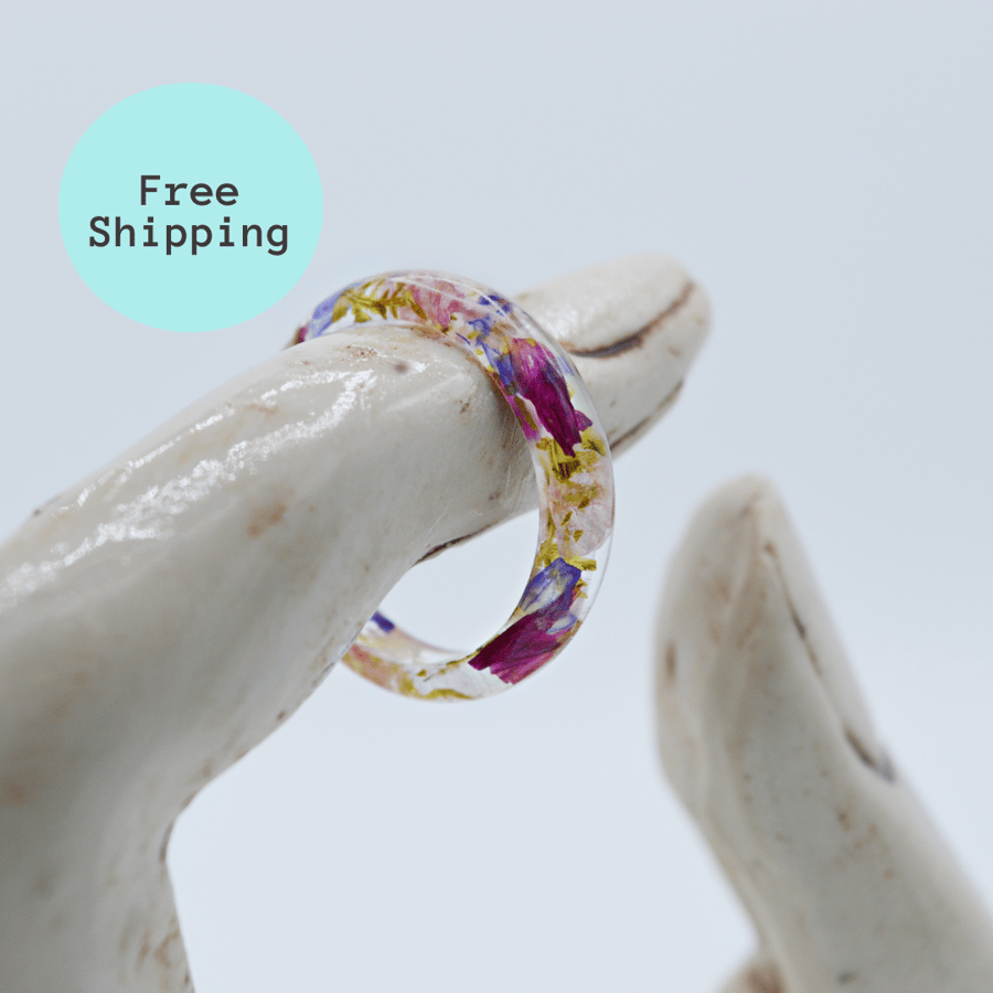 Dainty Pink and Blue Floral Resin Stacking Ring - Free Postage 