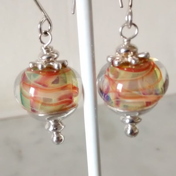 TARTAN LOOK LAMPWORK EARRINGS - LAMPWORK EARRINGS  -FREE UK POSTAGE