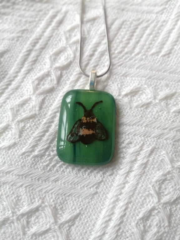 Hand painted Bee necklace on green glass