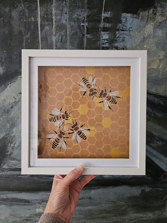 Honeybees in hive, honeycomb, framed original embroidered artwork