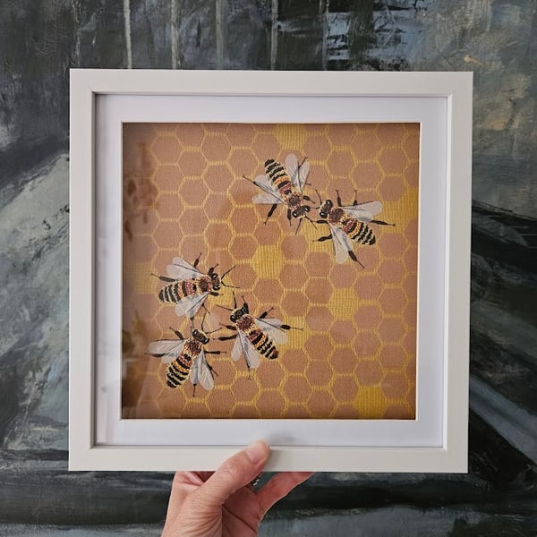 Honeybees in hive, honeycomb, framed original embroidered artwork