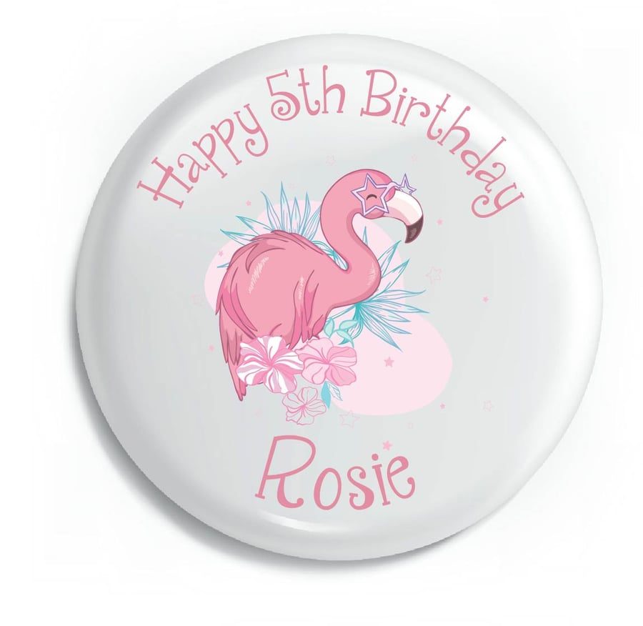 Personalised Flamingo Birthday Pin Badge