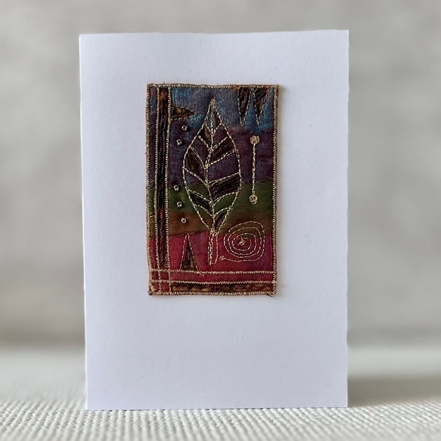 Hand Beaded Leaf Design Embroidered Textile Card