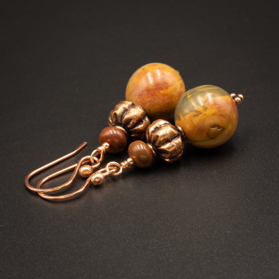 Picasso jasper and copper handmade semiprecious stone earrings, Pisces jewelry