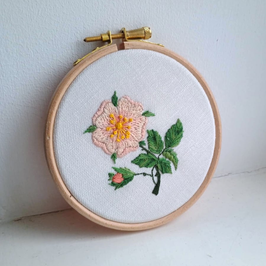 Wild Rose embroidery art - hand embroidered hoop picture vintage style