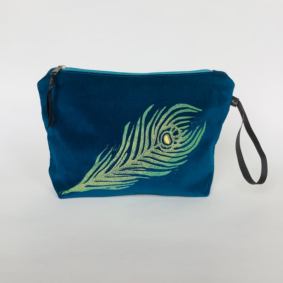  Teal velvet Large Peacock Feather makeup bag