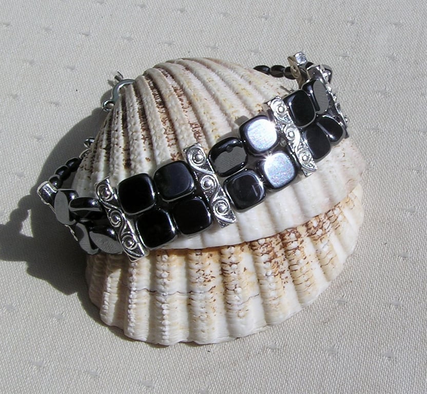 Black Hematite Gemstone Beaded Chakra Gothic Bracelet "Storm"