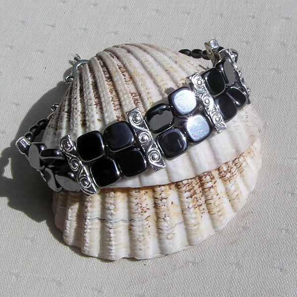 Black Hematite Gemstone Beaded Chakra Gothic Bracelet "Storm"