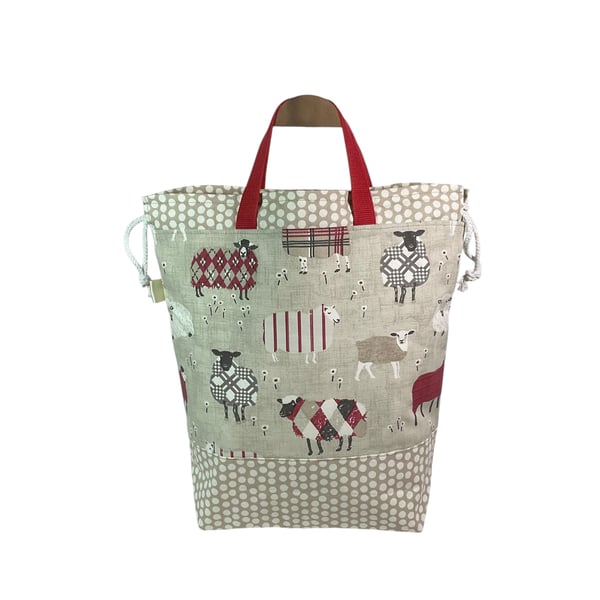 Extra Large drawstring knitting bag with red sheep print, multi pockets project 