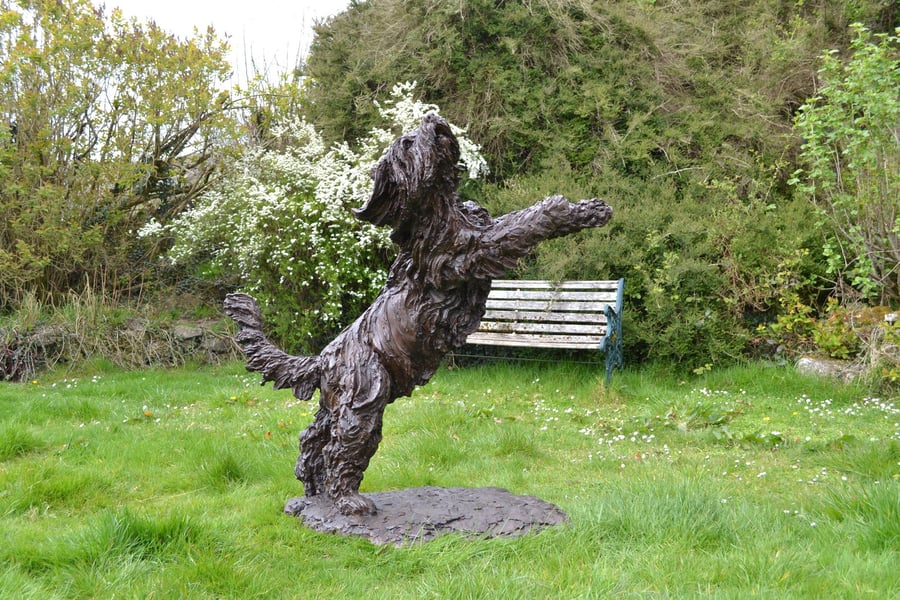 Leaping Bearded Collie Dog Statue Large Bronze Resin Garden Sculpture