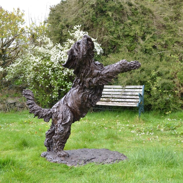 Leaping Bearded Collie Dog Statue Large Bronze Resin Garden Sculpture