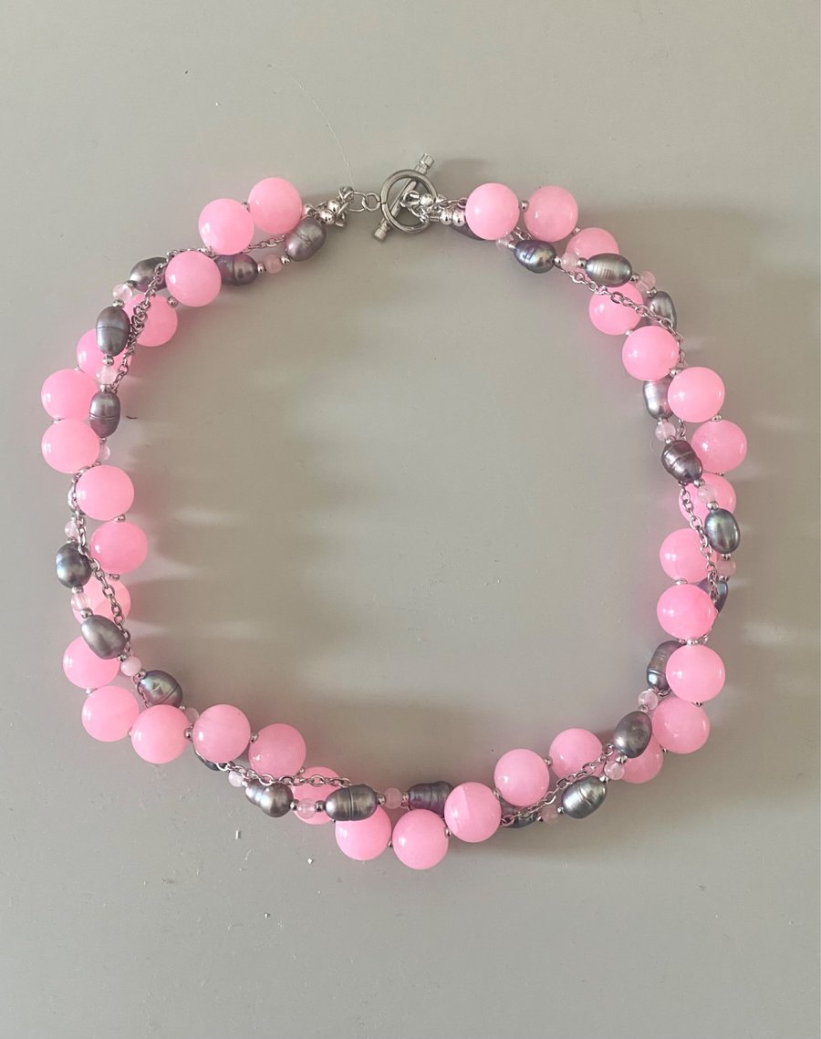 Handmade Pink Gemstone & Grey Freshwater Pearl Layered Necklace