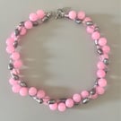 Handmade Pink Gemstone & Grey Freshwater Pearl Layered Necklace
